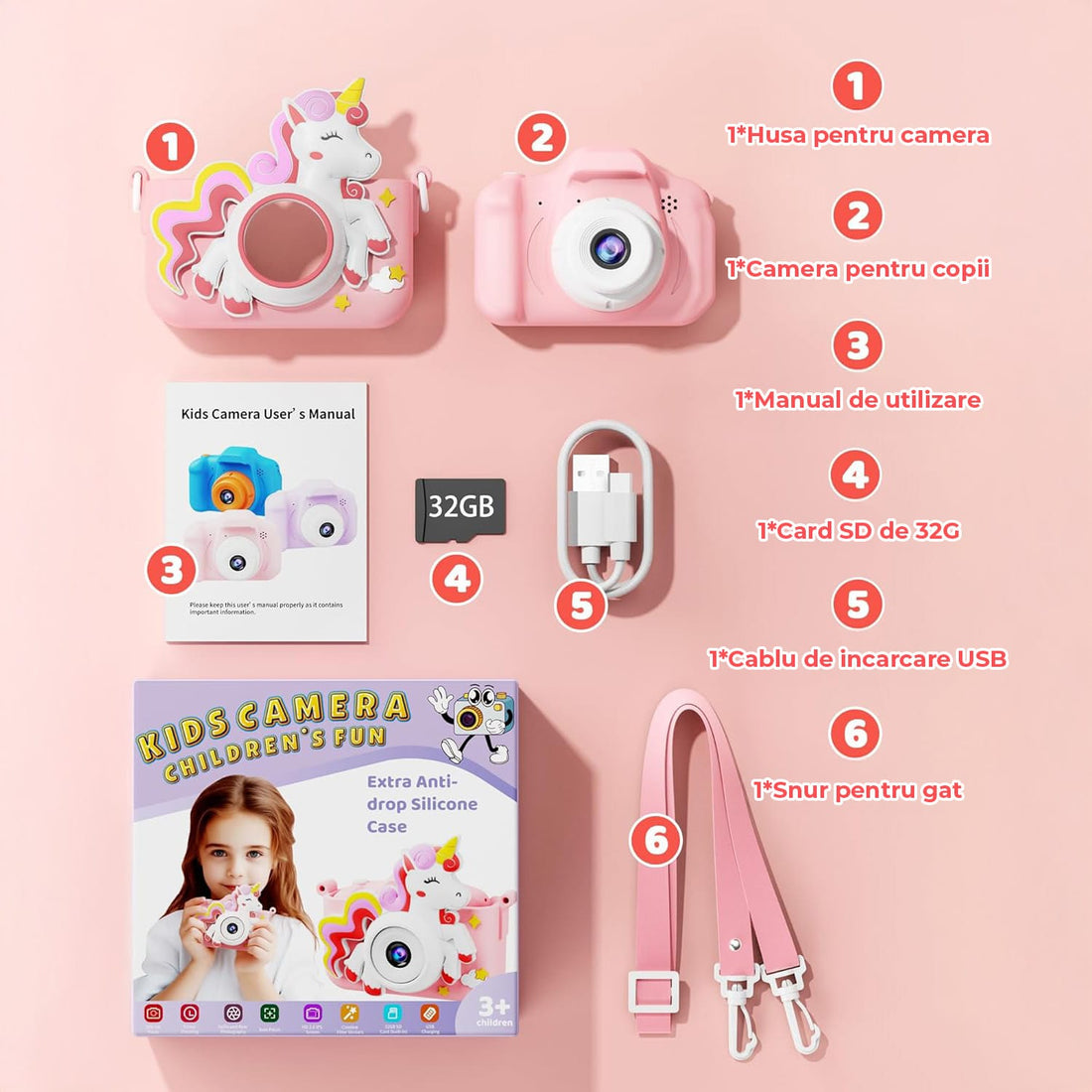 Cameră Foto Digitală Elindor® pentru Copii, Model Unicorn, 48MP, 1080P HD, Roz