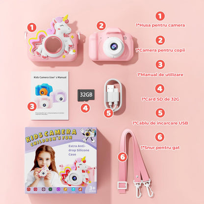 Cameră Foto Digitală Elindor® pentru Copii, Model Unicorn, 48MP, 1080P HD, Roz
