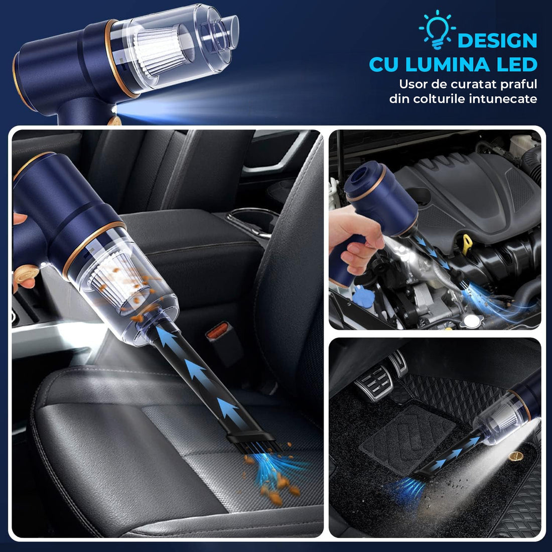 Aspirator Auto 2 in 1 Portabil Elindor® Fara Fir 9000Pa cu Functie de Suflare si Lumina LED, 120W, Acumulator 4000mAh, Albastru