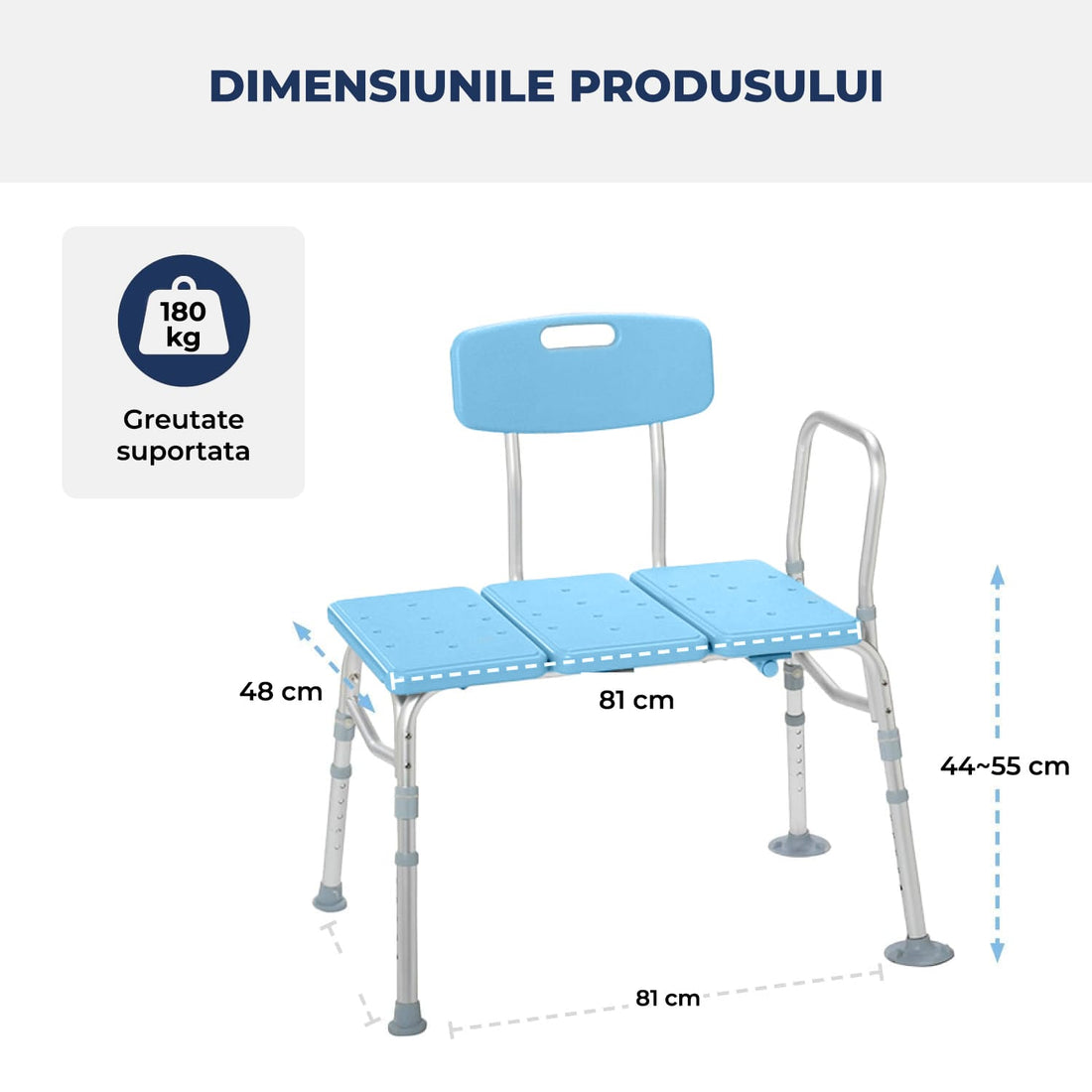Scaun pentru Cada și Duș Elindor® cu Spătar și Mâner Detasabil, Albastru
