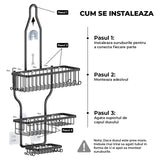 Suport Săpun și Etajere Duș Elindor®, Lipire Adeziv, 10 Cărlinge, Capacitate 20kg, Negru