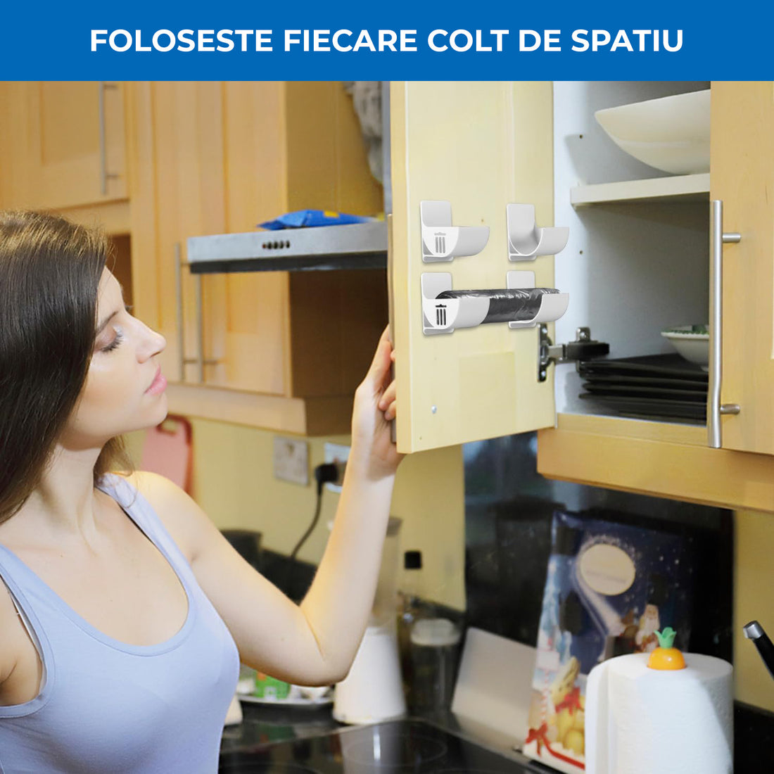 Set 4 Organizatoare Multifunctionale Elindor® cu Adeziv, Suport din Plastic Dulap pe Usa Blat Chiuveta, Inaltime Reglabila, 4x Organizator Suspendat, Organizare pentru Bucatarie, Baie, Camara, Bar, Raft Depozitare Saci de Gunoi, Pungi, 7x6.5x4 cm, Alb