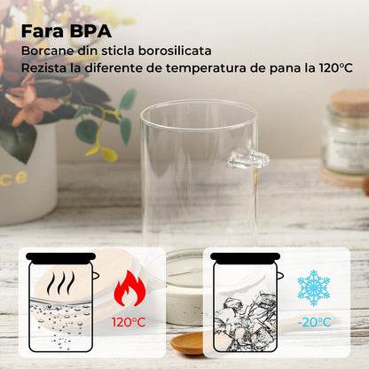 Set 2 Recipiente din Sticla Elindor®, Borcane cu Capac din Bambus pentru Zahar, Cafea, Condimente, Faina, Nuci, Sare, Dulciuri, 450 ml, Dimensiuni  12.5x8.5cm, Transparent