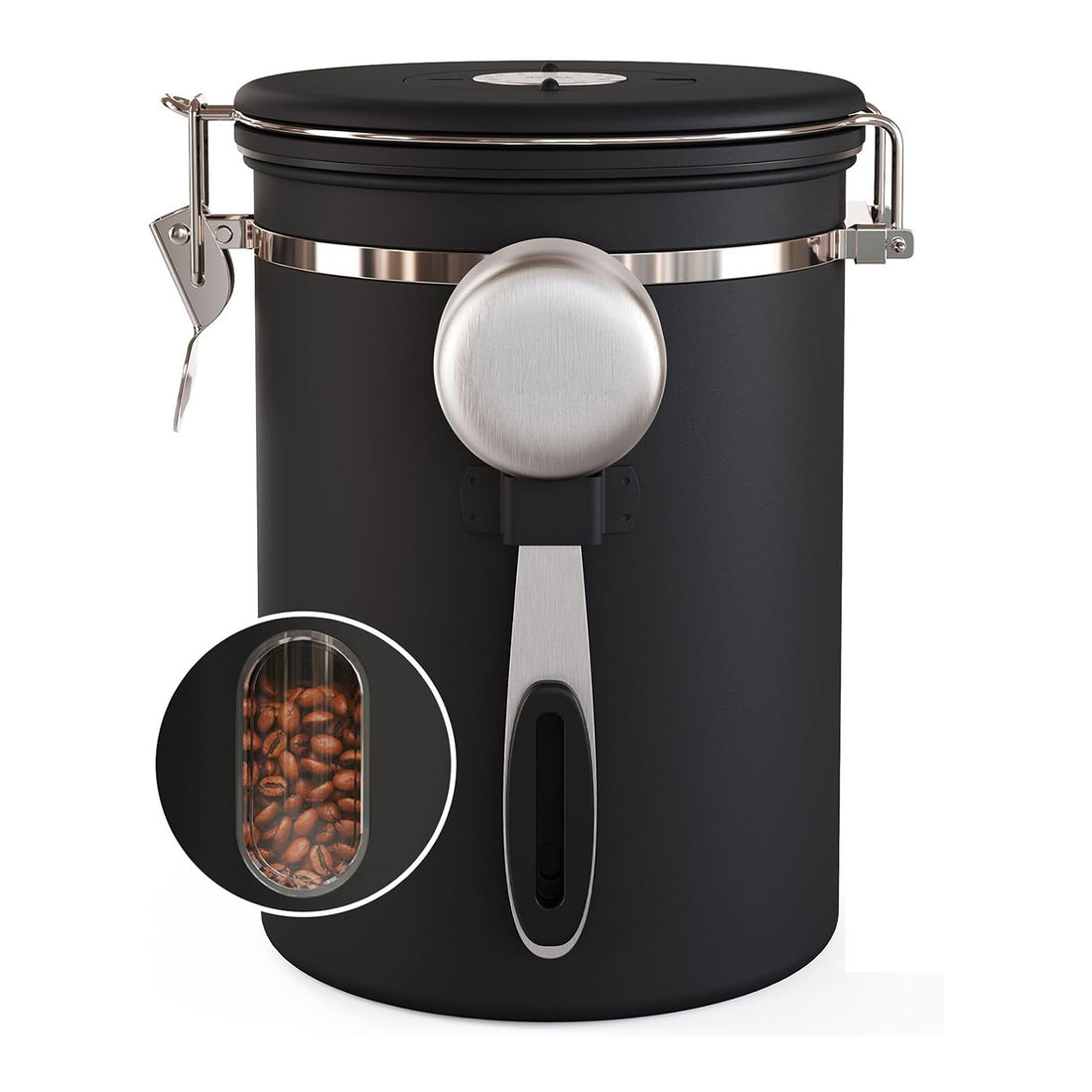 Recipient Inox pentru Cafea Elindor® Borcan Etans cu Capac si Lingurita, Cutie Depozitare Zahar, Ceai, Paste, Orez, Cereale, Faina, Prajituri, Supe, Alimente, Caserola Bucatarie, pentru Frigider si Congelator, 650 ml, Geam Transparent, Negru