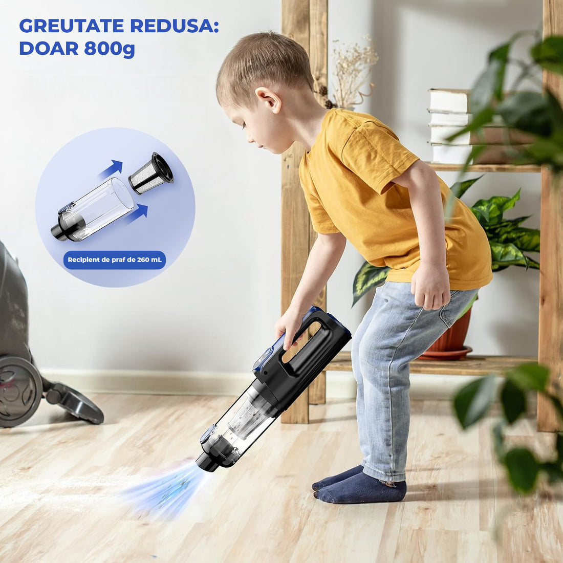 Aspirator 2 in 1 Elindor® pentru Antiacarieni pentru Covoare, Masina, Saltea si Tapiterie, 180000 Pa, 130W, Filtru HEPA Lavabil, Ultrasunete, Zgomot Redus 85 dB, 260 ml, Modul 2‑in‑1, Ideal Pentru Alergii, Animale si Bebelusi, Albastru