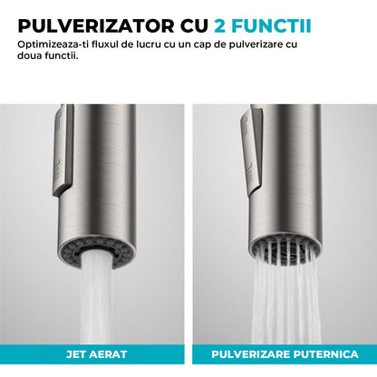 Baterie Bucatarie cu Dus Extractibil Elindor®, Jet Ajustabil, Design Modern, Argintiu