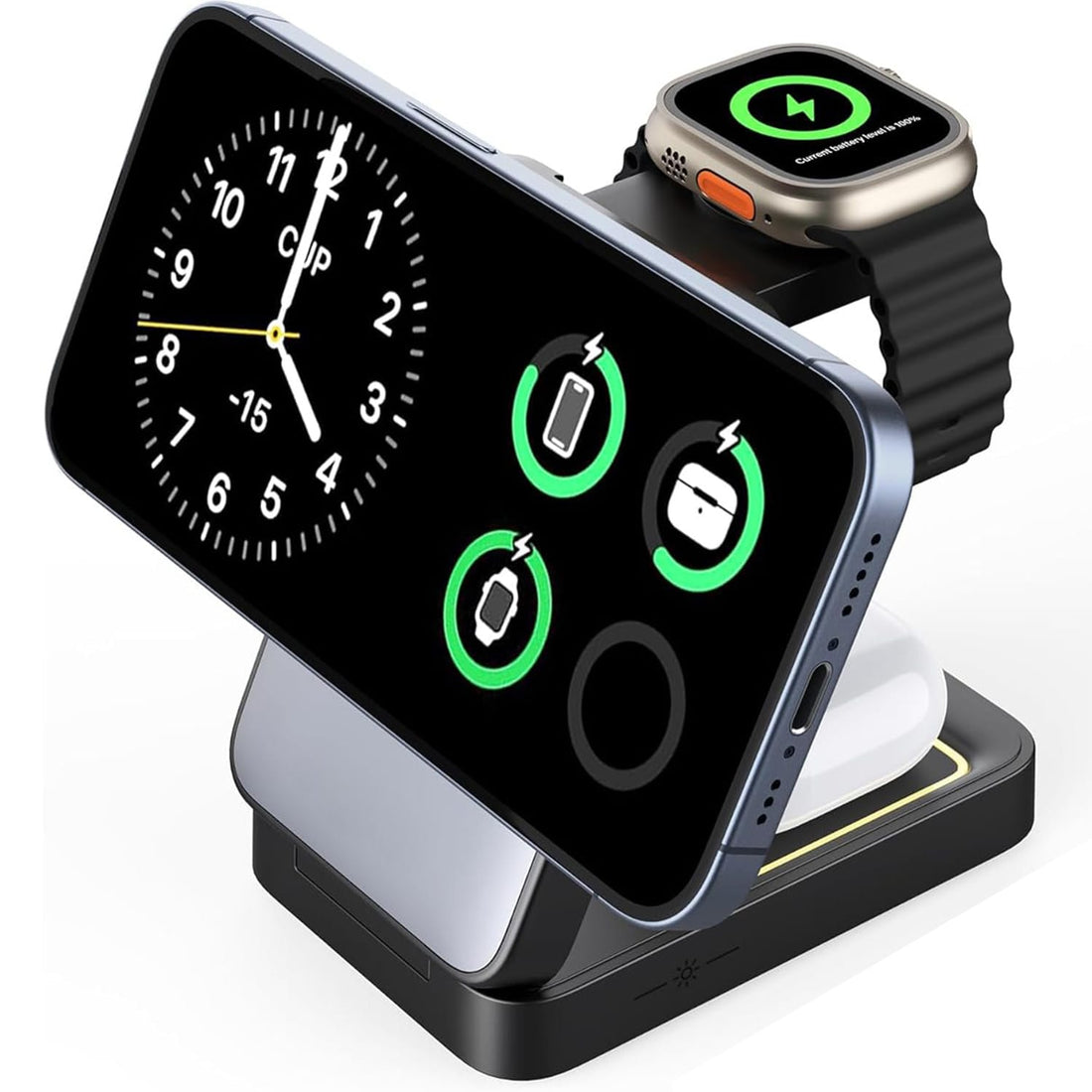 Incarcator Magnetic Elindor® Incarcare 3-in-1, MagSafe, 15W, Pliabil si Portabil, pentru iPhone, Apple Watch, AirPods, Gri