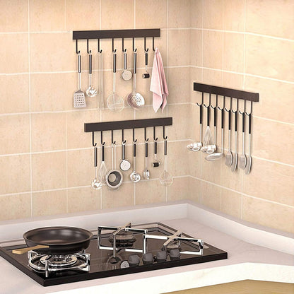 Suport de Perete Elindor® pentru Ustensile de Bucatarie, cu 8 Carlige, Lipire cu Adeziv, fara Gauri, Depozitare Tacamuri, Suport Metalic, Accesorii Organizare, Economisire Spatiu, Organizator de 40 x 3.5 cm, Negru
