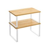 Set 2 Rafturi Elindor® din Bambus, Extensibil si Suprapus pentru Bucatarie, Organizator Metalic Reglabil, Ideal ca Etajera Depozitare in Camara sau Birou, Perfect pentru Condimente, Vesela, Farfurii, Stabil si Compact, Polita pentru Obiecte Diverse, Alb