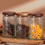 Set 2 Borcane din Sticla Elindor®  Capac Din Lemn, Design Vintage Sculptat, 1000ml, Recipiente Etanse pentru Depozitare, Transparent