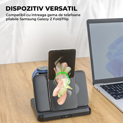 Incarcator Wireless 3-in-1 Elindor® pentru Samsung, Telefon, Ceas si Casti, Tehnologie Fast Charge, Negru