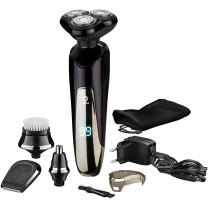 Aparat de Ras Electric Elindor® 4 In 1 pentru Barbati, cu Capete Rotative, Trimmer Nas, Perie Curatare Fata, Ecran LED, Autonomie 2h, Negru