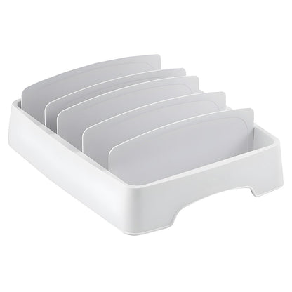 Organizator Capace Reglabil Elindor®, Suport Chiuveta, Uscator cu 5 Separatoare Ideal pentru Capace, Pahare, Tava Scurgere din Plastic, Organizator Bucatarie Multifunctional, Instalare Rapida, 33,5 × 26,4 × 8,4 cm, Plastic fara BPA, Alb