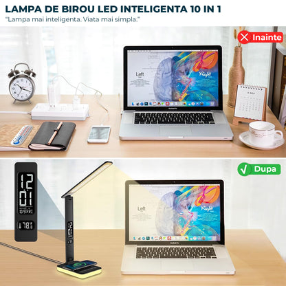 Lampa de Birou Elindor® Negara cu LED Integrat, Incarcare USB, cu Incarcare Rapida Telefon, 3 Moduri Lumina Camera Rece/Cald, Comanda prin Buton, Veioza Pliabila cu Brat Reglabil, Compacta si Portabila, pentru Birou, Dormitor, Hol, Living, 36.5 cm