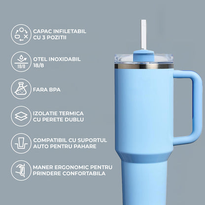 Cana Termos Elindor® din Otel Inoxidabil, 1200 ml, Izolatie Termica cu Pereti Dubli, cu Capac si Pai Reutilizabil, Rezistenta la Scurgeri, Ideala pentru Apa, Ceai, Cafea sau Smoothie, Utilizare in Masina Suport Auto, Albastru Deschis