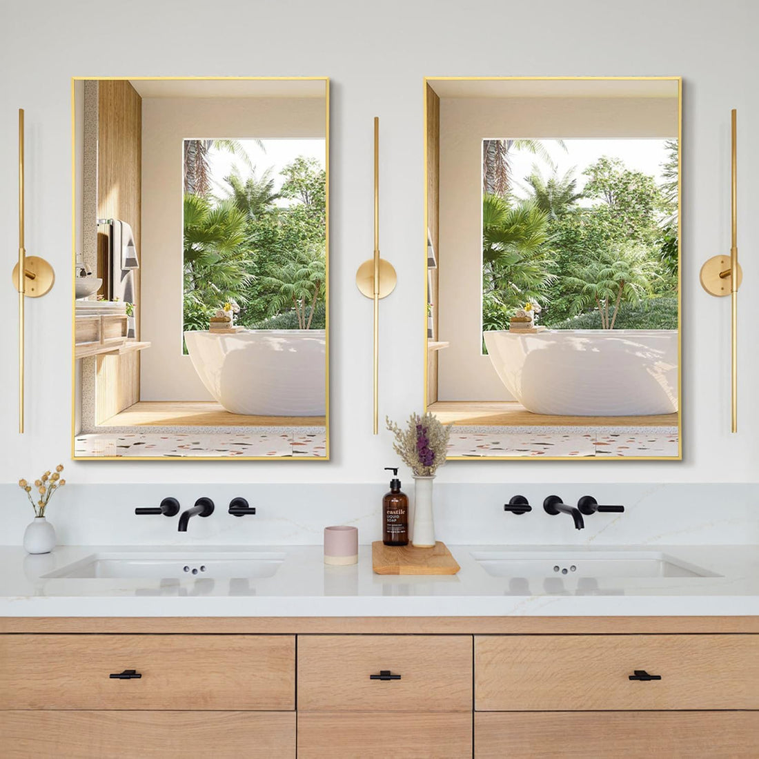 Oglinda Dreptunghiulara Elindor®, 55x75 cm, Sticla Fara Distorsiuni, Usor de Instalatat, Auriu