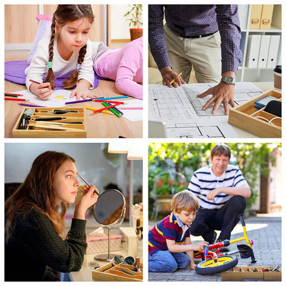 Organizator Extensibil Elindor® din Bambus, pentru Depozitare Tacamuri si Ustensile de Bucatarie, Furculite, Linguri, Cutite, 7 Compartimente, Sertar 25.5-39.4 cm, Suport Ajustabil, Separator Sertare Spatios, Accesorii Organizare