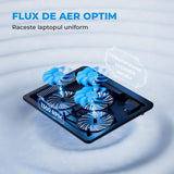 Cooler Laptop Elindor® 15.6-17 Inch, cu 3 Ventilatoare Blue LED, Silentios, USB Alimentare, Suport Reglabil, Design Slim, Negru