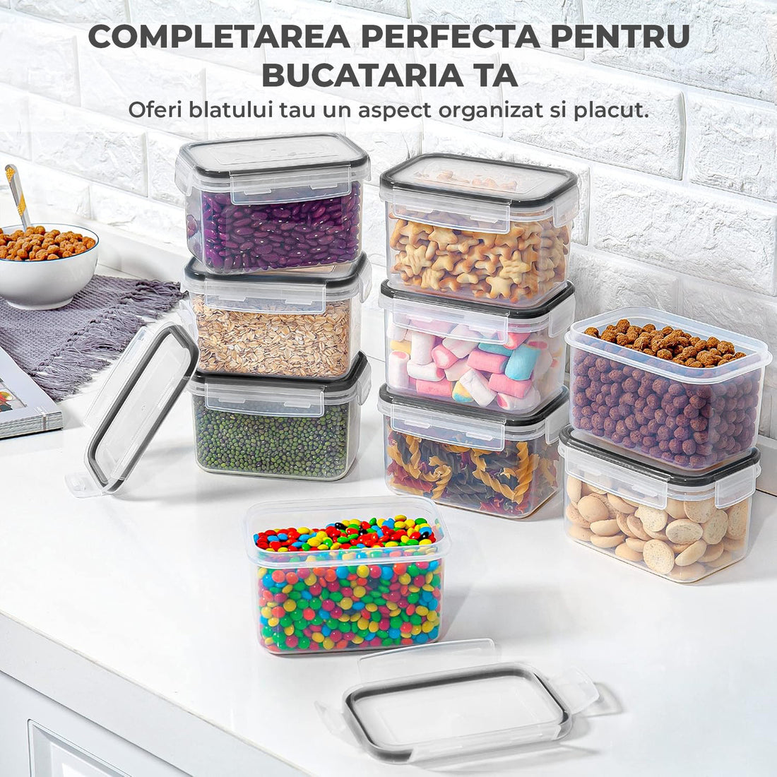 Set de 12 Caserole Elindor® Recipiente Ingrediente pentru Bucatarie, pentru Alimente Uscate, Recipient pentru Depozitare Cafea, Zahar, Paste, Cereale, Capac Etans, fara BPA, Potrivit pentru Congelator, Pix Alb Inclus si Etichete Negre, 9 x 10.5 x 15 cm, T