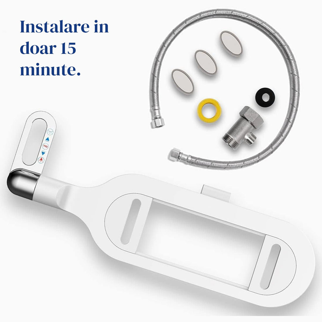 Bideu Retractabil Elindor® Ultra Subtire, pentru Toaleta cu Functie de Auto Curatare, Non Electric, Buton Control de Presiune, pentru Igiena Personala, Apa Rece, Kit Accesorii WC, Sistem Bidet pentru Colac si Capac de Toalete, Set pentru Baie, Alb