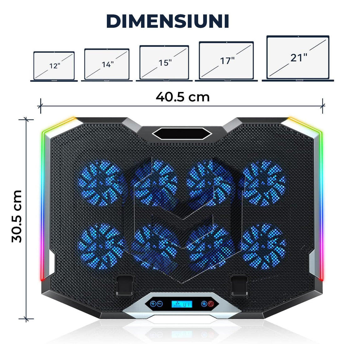 Cooler Laptop Elindor® cu 8 Ventilatoare Silentioase, RGB, Reglaj Inaltime, Afisaj Digital LCD, Suport Telefon, Negru