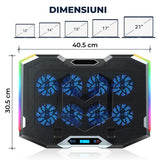 Cooler Laptop Elindor® cu 8 Ventilatoare Silentioase, RGB, Reglaj Inaltime, Afisaj Digital LCD, Suport Telefon, Negru