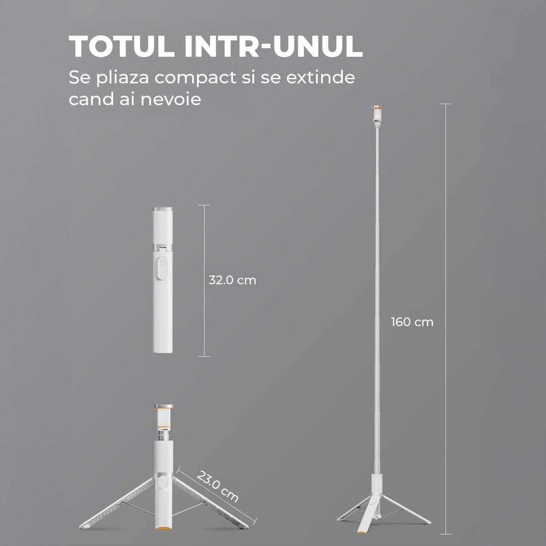 Trepied Foto Telescopic Profesional Elindor® Stativ Telefon 2-in1, cu Telecomanda Bluetooth si Functie Selfie Stick, Compatibil iPhone / Android, Tripod Universal, Suport Durabil si Usor, Unghi Ajustabil 180°, 32-159 cm, pentru Foto / Video, Alb