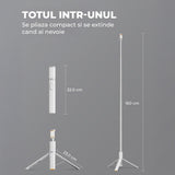 Trepied Foto Telescopic Profesional Elindor® Stativ Telefon 2-in1, cu Telecomanda Bluetooth si Functie Selfie Stick, Compatibil iPhone / Android, Tripod Universal, Suport Durabil si Usor, Unghi Ajustabil 180°, 32-159 cm, pentru Foto / Video, Alb