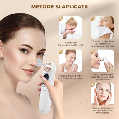 Aspirator Puncte Negre Elindor® 5 Trepte de Aspirare si Extractie pentru Fata, 4 Capete de Schimb, Tehnologie Vacuum pentru Ingrijire Ten, Extractor Sebum si Cosuri, Aparat Reincarcabil USB pentru Ingrijirea Tenului, Alb