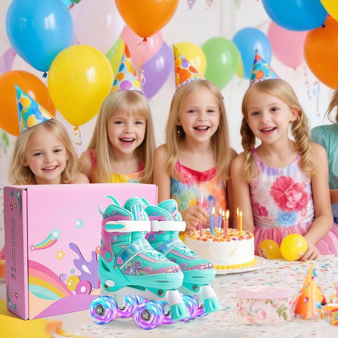 Role Reglabile Elindor® pentru Copii, Fete si Baieti, 4 Roti cu Lumini Quad, Ajutatoare, Rotile din Silicon, Rulmenti ABEC-7, Aluminiu / Poliuretan, Marimea L, 37-39, Model Unicorn, Verde