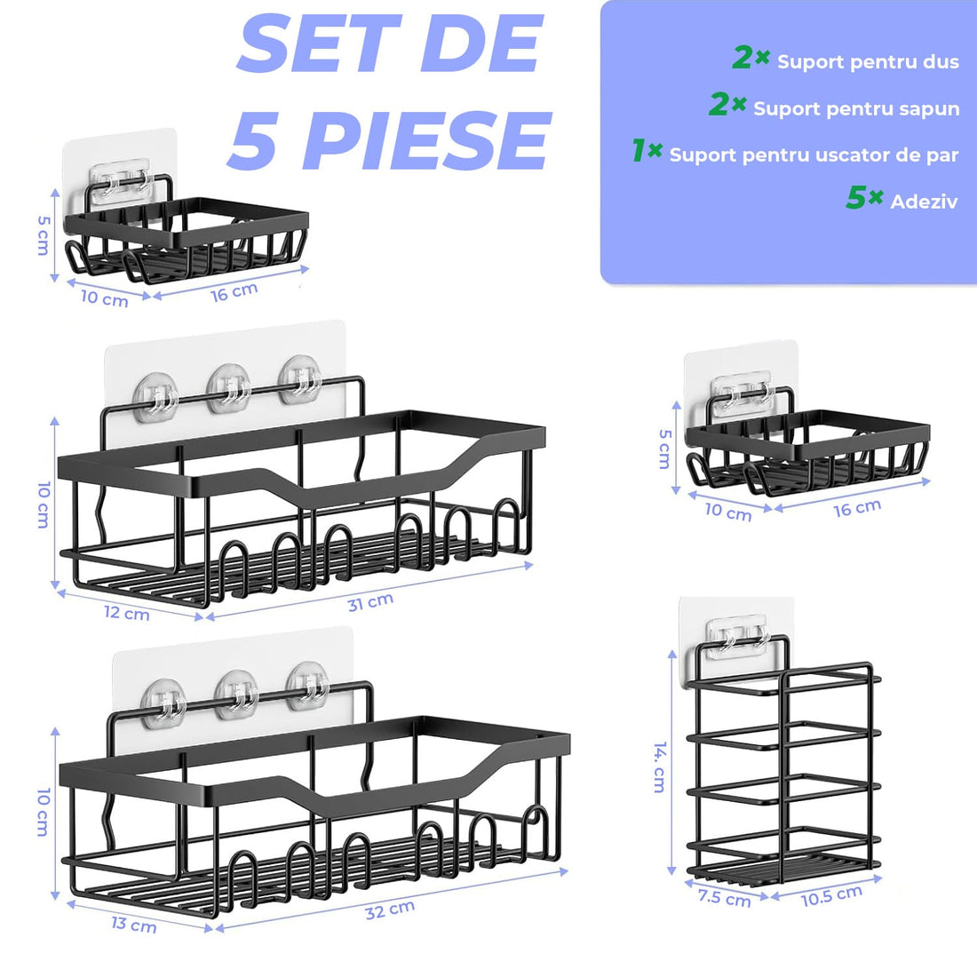 Set 5 Etajere Rafturi Pentru Baie Elindor® Fara Gaurire, Otel Inoxidabil, Fixare Adeziva, Negru