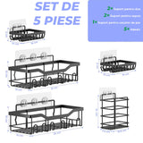 Set 5 Etajere Rafturi Pentru Baie Elindor® Fara Gaurire, Otel Inoxidabil, Fixare Adeziva, Negru