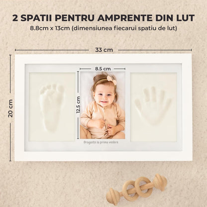 Kit Amprenta Bebe cu Lut Non-Toxic si Rama Foto Elindor® Personalizabil, pentru Maini si Picioare, Cadou Ideal pentru Botez, Zi de Nastere si Baby Shower, Set Complet cu Etichete, Pigment si Cutie de Cadou, Design Elegant, Alb