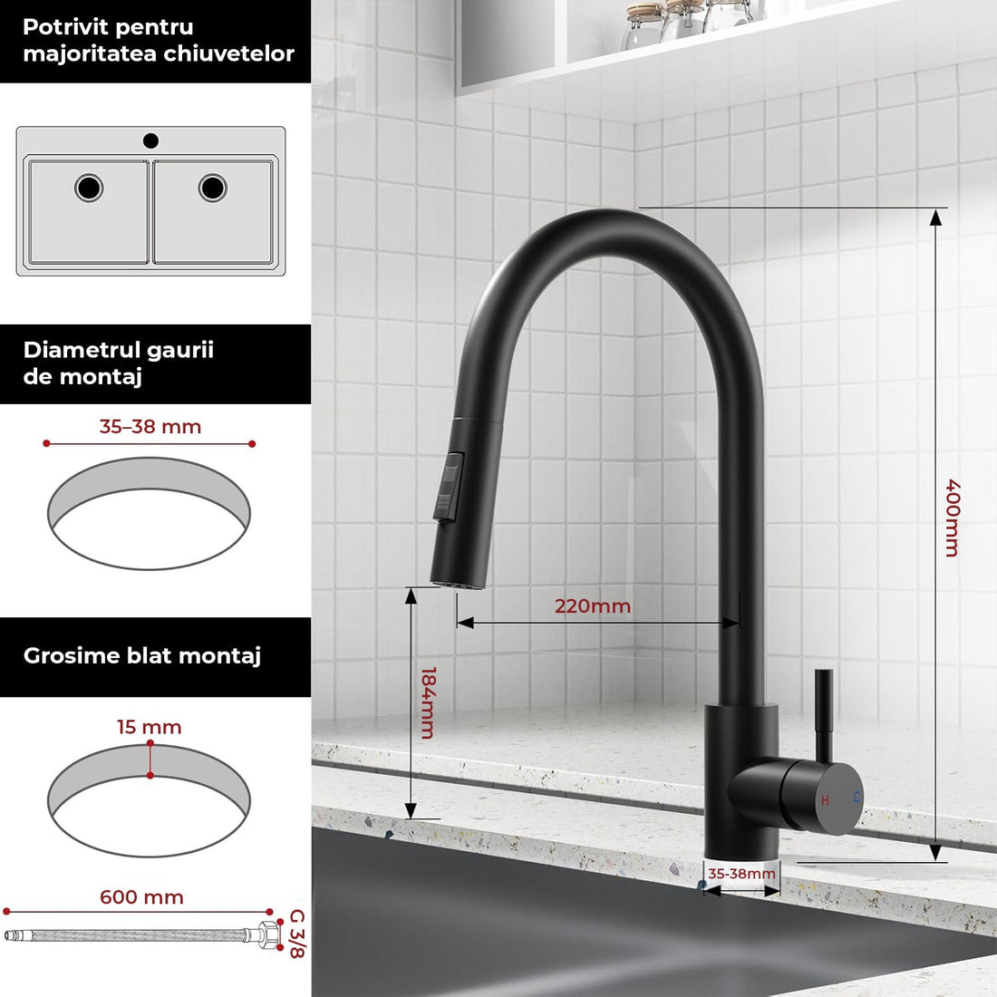 Baterie Chiuveta Neagra Elindor®, Robinet de Apa pentru Bucatarie, Jet Reglabil, Modern cu Pipa Flexibila, Cap Dus Extractabil cu Doua Functii, Monocomanda, Rotativ 360°, Otel Inoxidabil, Finisaj Mat