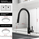 Baterie Chiuveta Neagra Elindor®, Robinet de Apa pentru Bucatarie, Jet Reglabil, Modern cu Pipa Flexibila, Cap Dus Extractabil cu Doua Functii, Monocomanda, Rotativ 360°, Otel Inoxidabil, Finisaj Mat