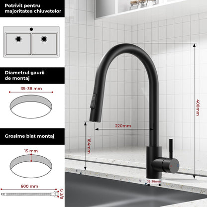 Baterie Chiuveta Neagra Elindor®, Robinet de Apa pentru Bucatarie, Jet Reglabil, Modern cu Pipa Flexibila, Cap Dus Extractabil cu Doua Functii, Monocomanda, Rotativ 360°, Otel Inoxidabil, Finisaj Mat