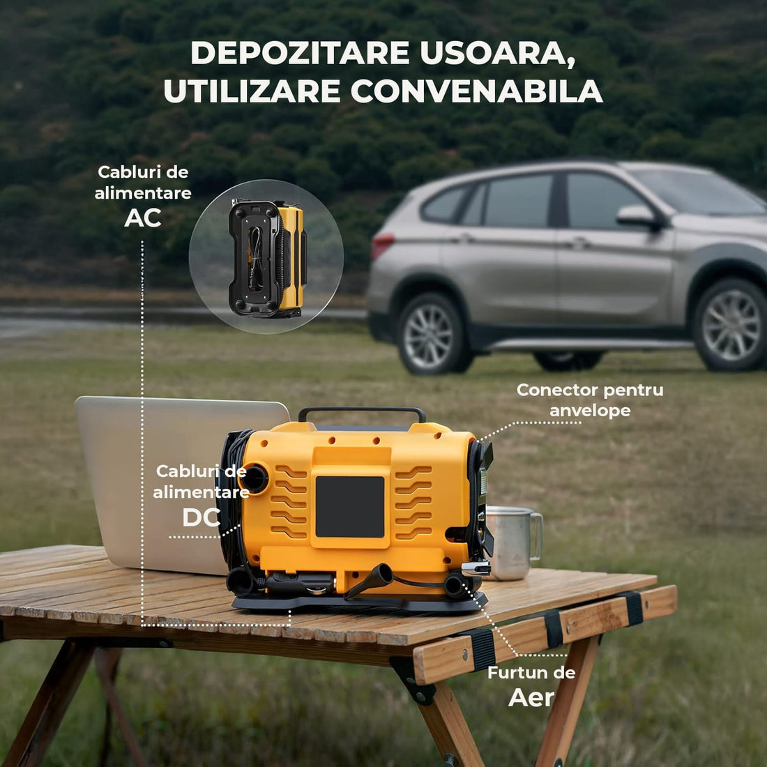 Compresor Auto Portabil Elindor® 150 PSI, Alimentare Dubla AC/DC, Galben