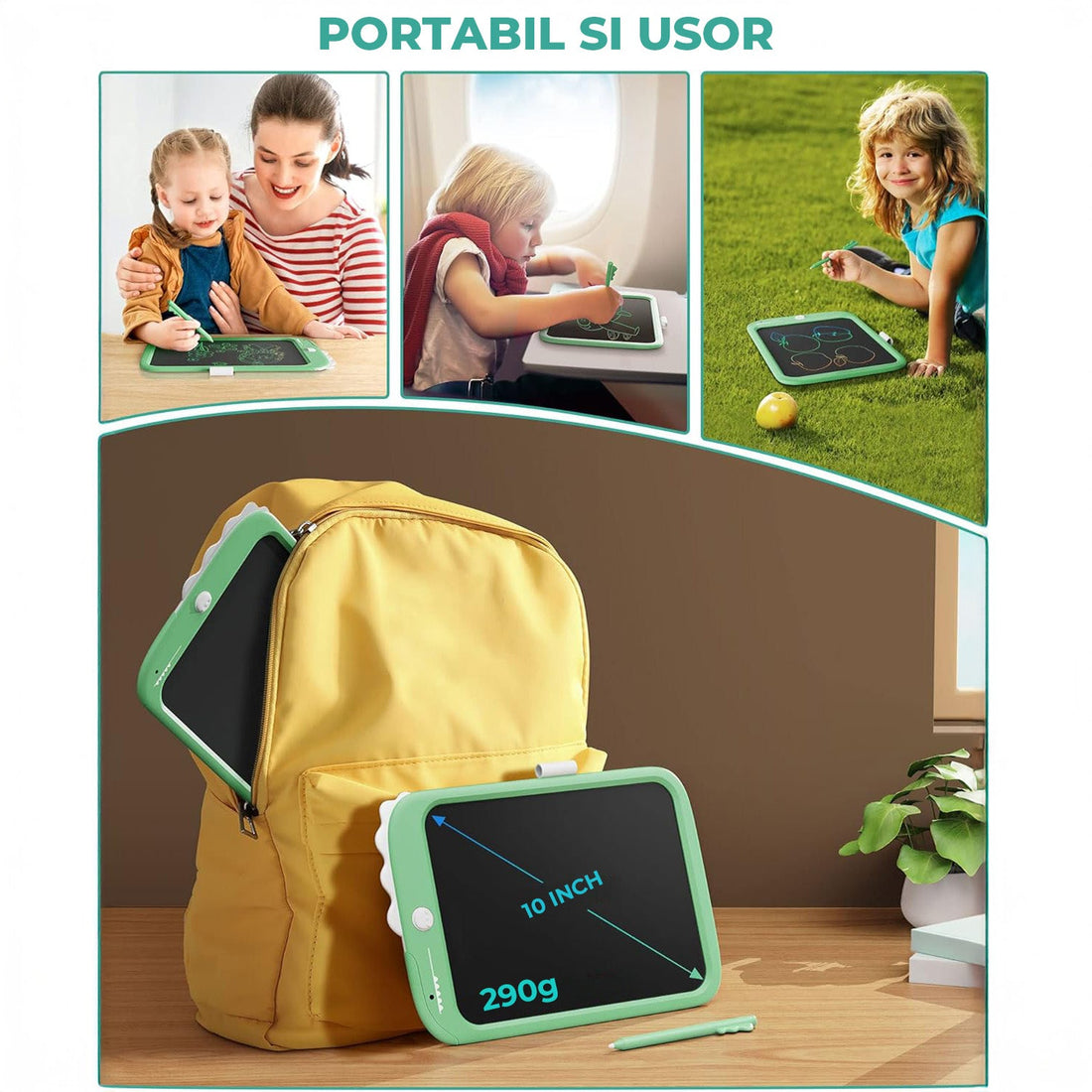 Tableta LCD Desen Elindor® 10 Inch, Jucarie Educativa Pentru Copii, Portabila, Verde
