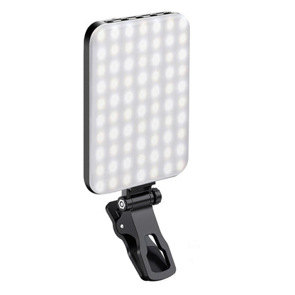 Lampa LED Portabila Elindor® Lumina Profesionala Compacta pentru Videoconferinte, Streaming, Selfie si Machiaj, cu Clip Reglabil si Suport Trepied, 3 Moduri Culoare Alb, Cald, Natural, 10 Trepte Intensitate, Baterie Reincarcabila 2200 mAh, Negru