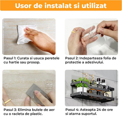 Set 5 Etajere Autoadezive Elindor® Rfturi de Dus, Otel Carbon, Fixare Fara Gauri, Negru