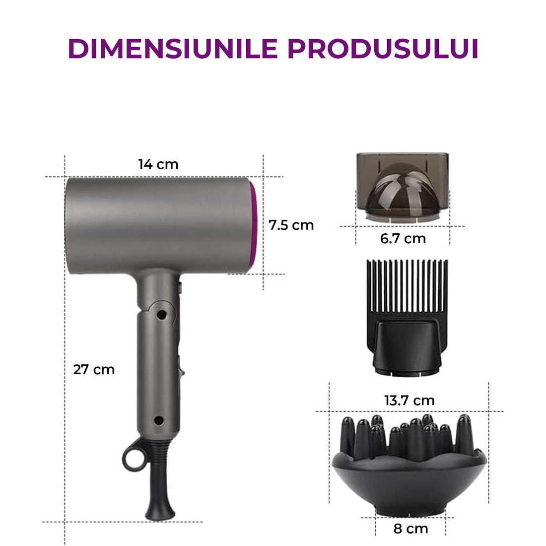 Uscator de Par Elindor®, 1800W, Tehnologie cu Ioni Negativi, 3 Trepte de Temperatura si Viteza, Jet de Aer Rece, 3 Duze pentru Coafare, Design Compact si Pliabil, Negru/Mov