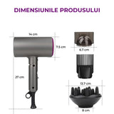 Uscator de Par Elindor®, 1800W, Tehnologie cu Ioni Negativi, 3 Trepte de Temperatura si Viteza, Jet de Aer Rece, 3 Duze pentru Coafare, Design Compact si Pliabil, Negru/Mov