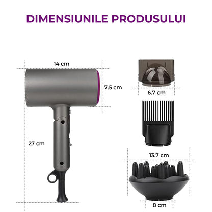 Uscator de Par Elindor®, 1800W, Tehnologie cu Ioni Negativi, 3 Trepte de Temperatura si Viteza, Jet de Aer Rece, 3 Duze pentru Coafare, Design Compact si Pliabil, Negru/Mov