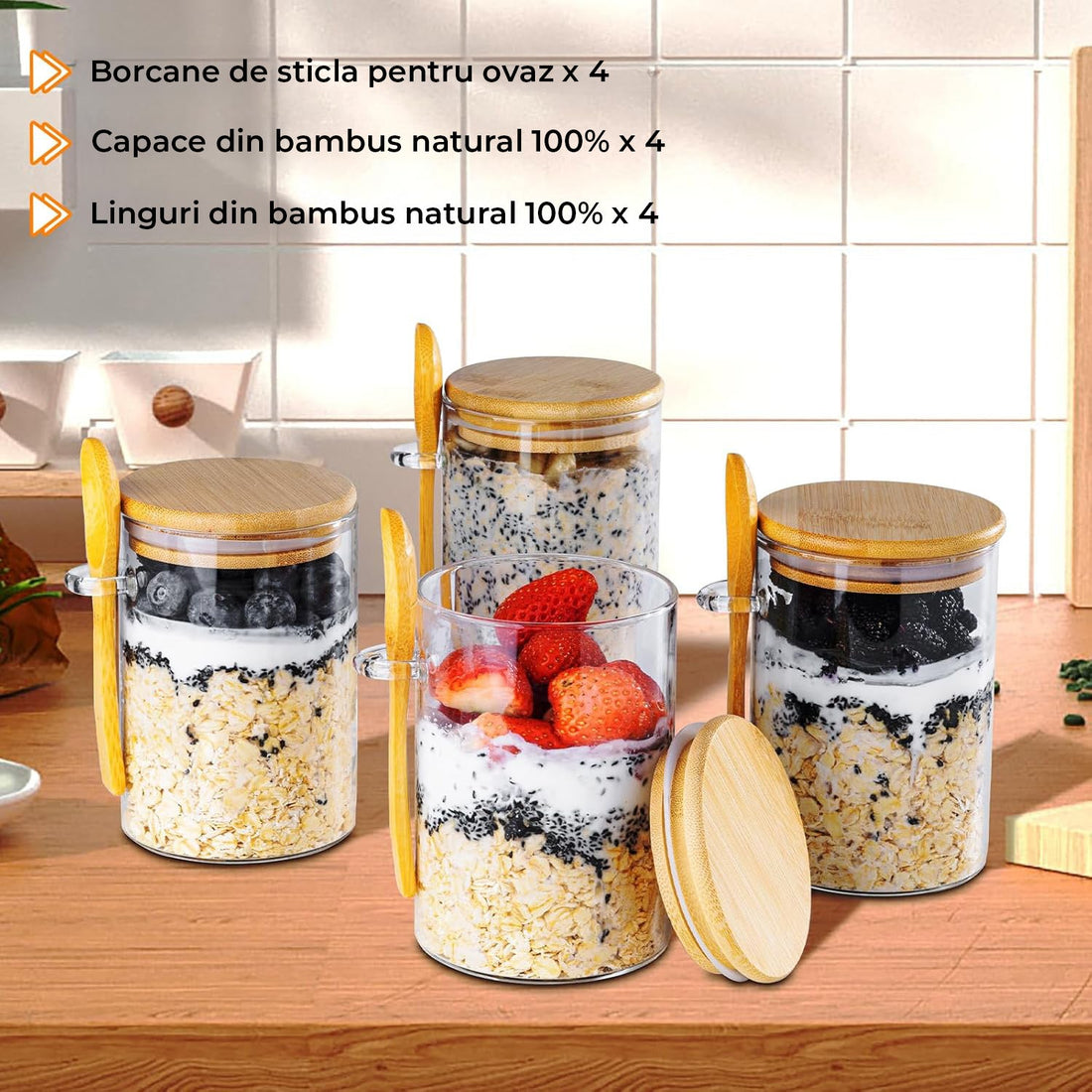 Set 4 Recipiente din Sticla Elindor®, Borcane cu Capac pentru Mic Dejun, Iaurt, Fulgi, Desert, Budinca, Gustari,  470 ml, Dimensiuni 8.5×8.5×12 cm, Transparent