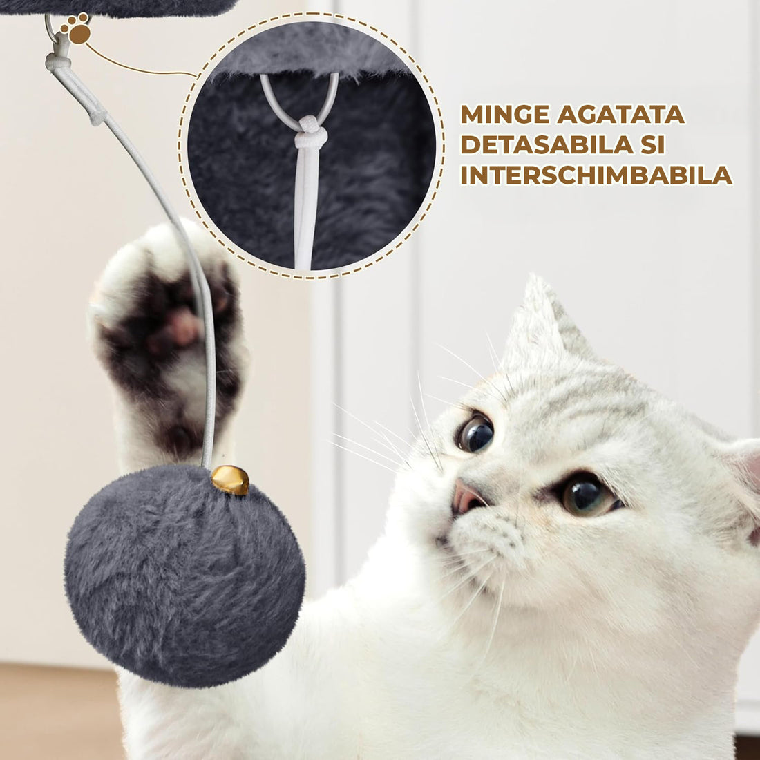 Ansamblu de Joaca Elindor® pentru Pisici, Post pentru Zgariat din Sisal, Stalp pentru Ascutit Gheare, Baza Solida, 2x Pat Moale pentru Dormit, Accesorii Animale de Companie, Montare Usoare, Gri