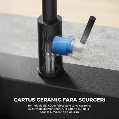 Baterie Chiuveta Bucatarie Neagra Elindor®, Robinet de Apa Lavoar, Modern cu Pipa Flexibila, Cap Dus Extractabil cu Doua Functii, Jet Reglabil, Monocomanda, Rotativ 360°, Otel Inoxidabil, Finisaj Mat