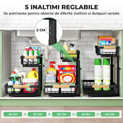 Organizator Multifunctional Elindor® pe 2 Nivele, 2x Sertar Glisant, Montat pe Blat sau in Dulap sub Chiuveta, Suport Metalic Organizare, pentru Bucatarie, Baie, Camara, Bar, Raft cu Sertare Depozitare Legume, Detergenti, Parfumuri, 40×30×43 cm, Negru