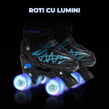 Role Reglabile Elindor® pentru Copii, Fete si Baieti, 4 Roti cu Lumini Quad, Ajutatoare, Rotile din Silicon, Rulmenti ABEC-7, Aluminiu / Poliuretan, Marimea S,28-32, Model Unicorn, Negru / Albastru