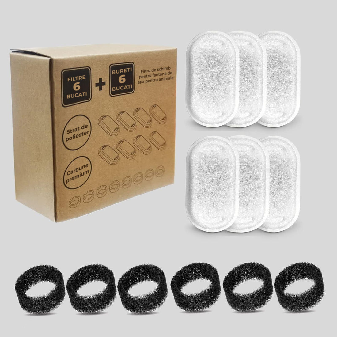 Set 6 Filtre + 6 Bureti Elindor® pentru Fantana de Apa Pisici si Caini, Compatibilitate Universalsa cu Dispensere din Inox, Filtrare in 3 Straturi, Carbon Activ, Alb