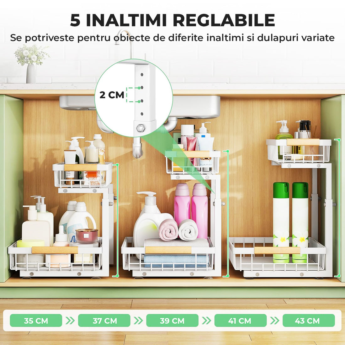 Organizator Multifunctional Elindor® pe 2 Nivele, 2x Sertar Glisant, Montat pe Blat sau in Dulap sub Chiuveta, Suport Metalic Organizare, pentru Bucatarie, Baie, Camara, Bar, Raft cu Sertare Depozitare Legume, Detergenti, Parfumuri, 40.×30×43 cm, Alb